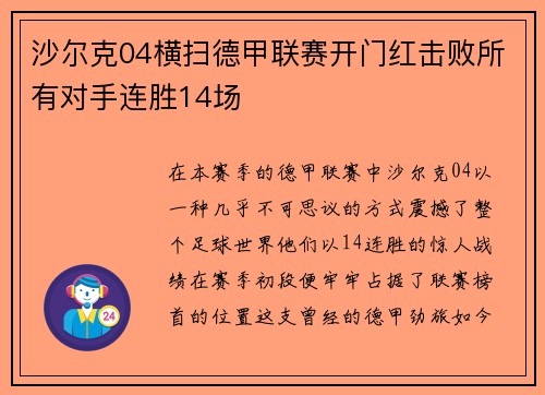 沙尔克04横扫德甲联赛开门红击败所有对手连胜14场