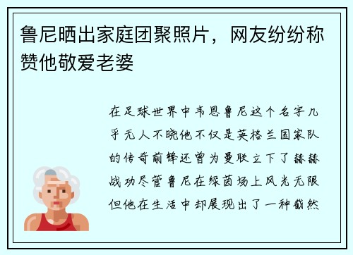鲁尼晒出家庭团聚照片，网友纷纷称赞他敬爱老婆