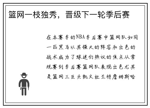篮网一枝独秀，晋级下一轮季后赛